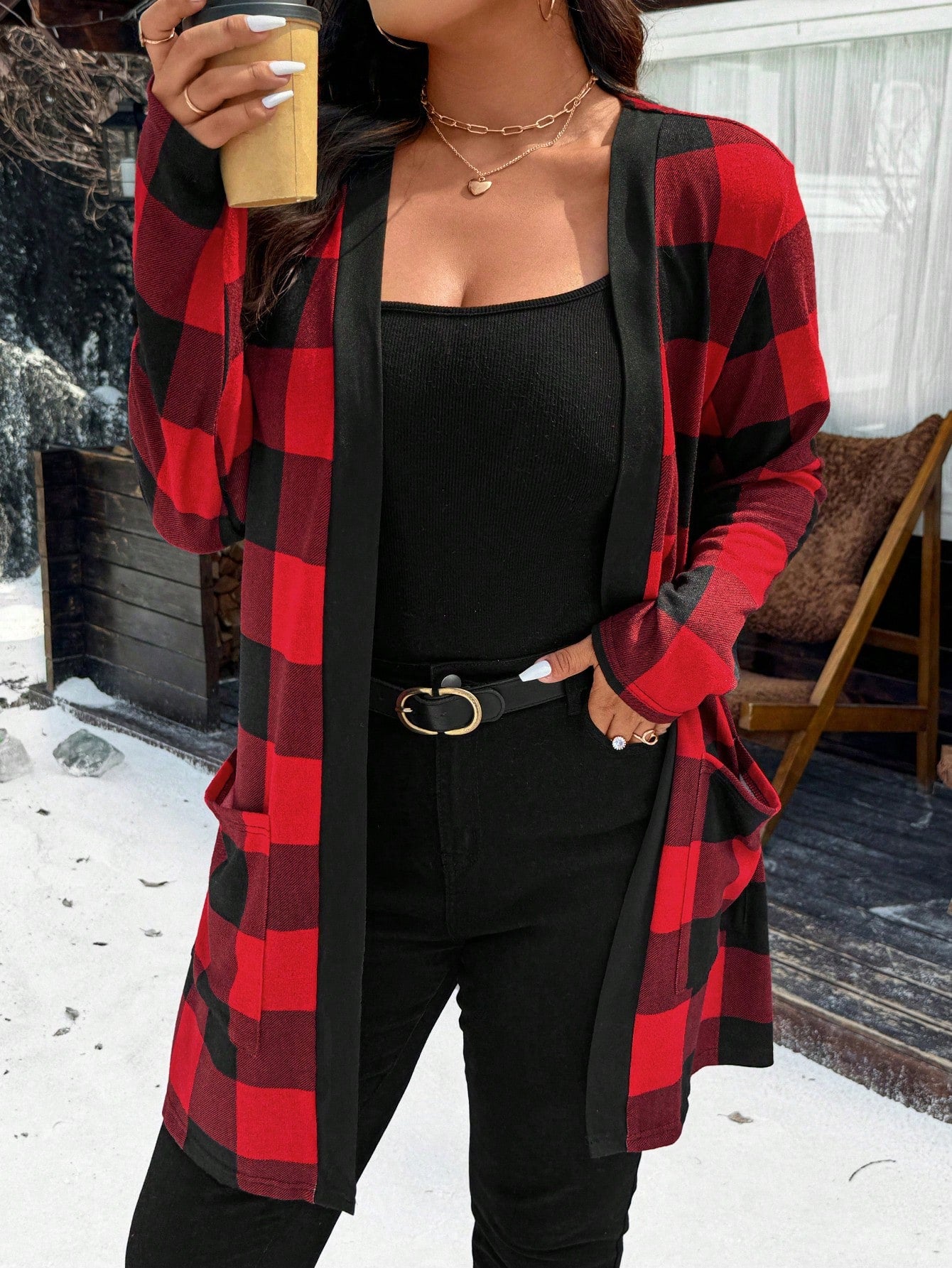 Relaxiva Plus Size Christmas Red Plaid Jacket With Dual Pockets For New Year