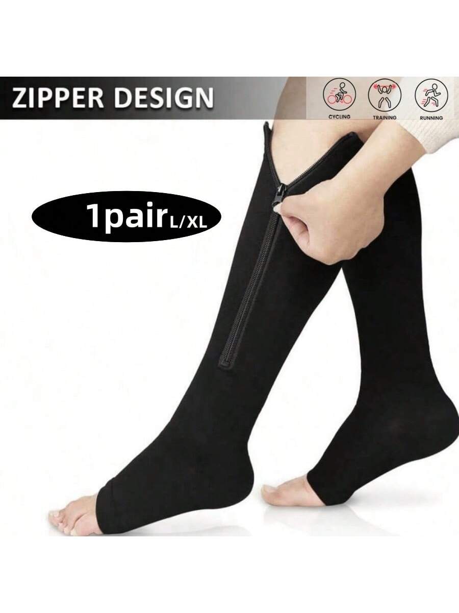 Zip-Up Compression Socks, 15-20mmHg, Knee-High, Toeless Design, For Sports