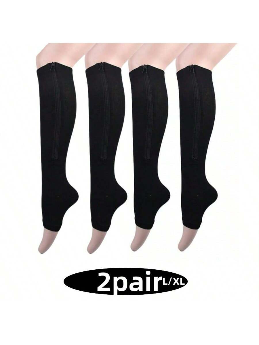 Zip-Up Compression Socks, 15-20mmHg, Knee-High, Toeless Design, For Sports