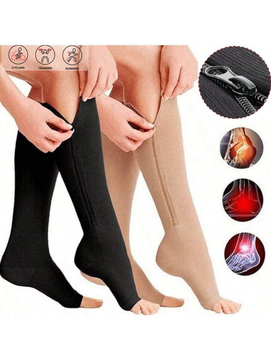 Zip-Up Compression Socks, 15-20mmHg, Knee-High, Toeless Design, For Sports