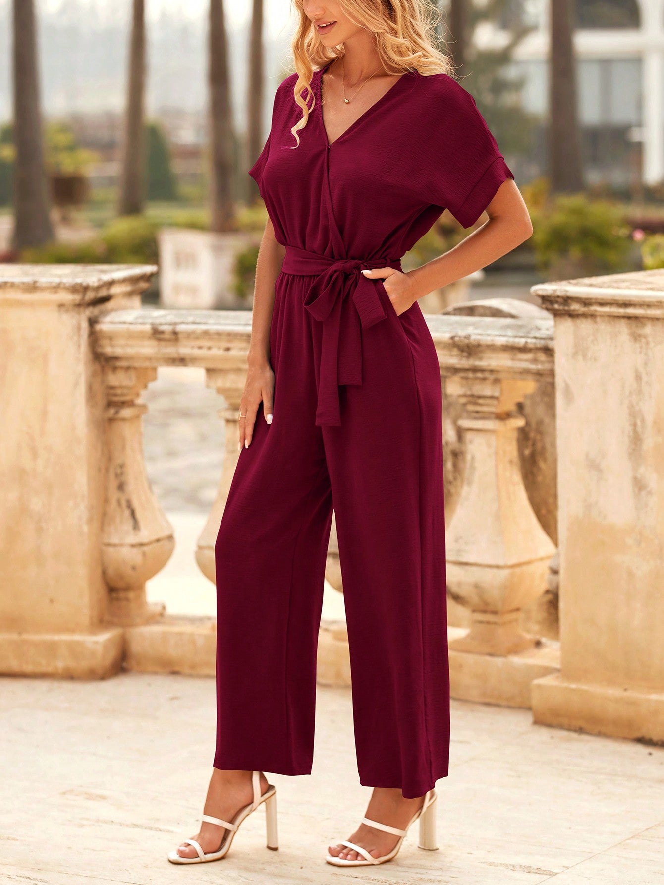 Women's Jumpsuit Casual Short Sleeve Wrap V Neck Belted Wide Leg Pants