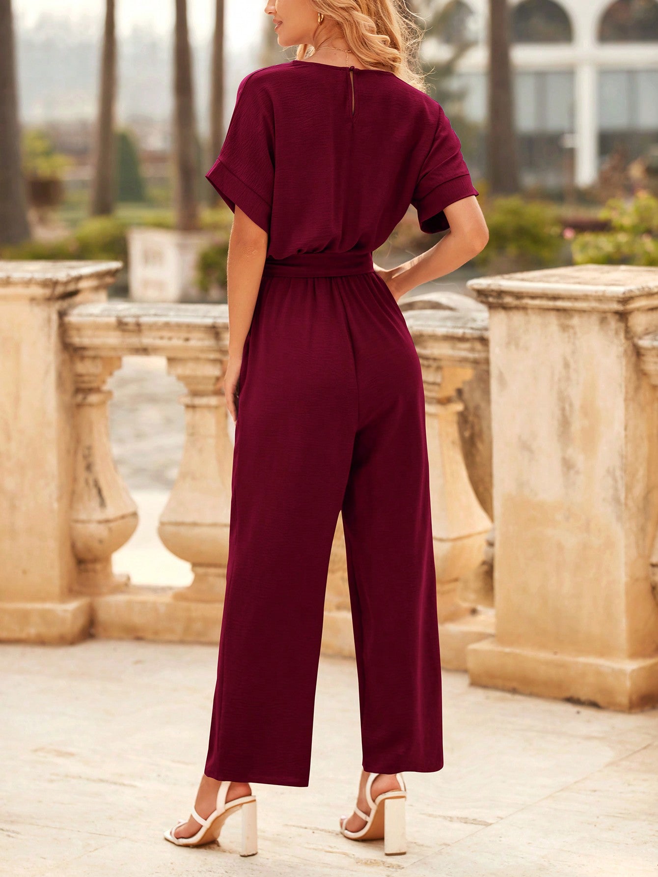 Women's Jumpsuit Casual Short Sleeve Wrap V Neck Belted Wide Leg Pants