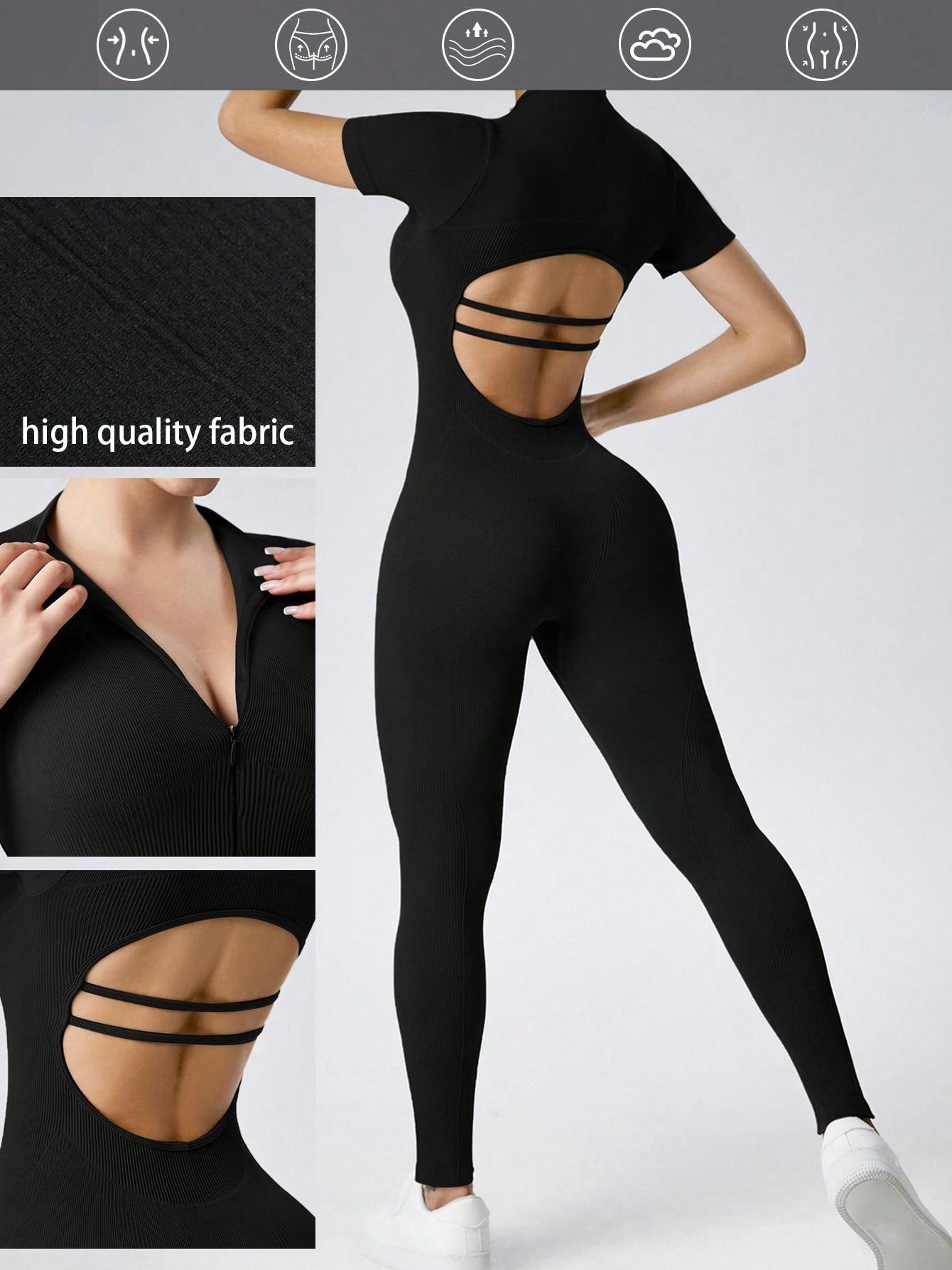 Women's Sexy Backless Zip Up Jumpsuit, Stretch Ribbed Shapewear Yoga Short Sleeve Jumpsuit, Outdoor Sports Fitness Tight Jumpsuit