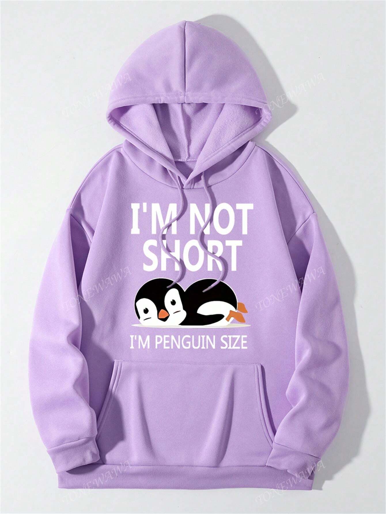 Women Penguin Printed Long Sleeve Hooded Sweatshirt, Minimalist Style, Autumn/Winter