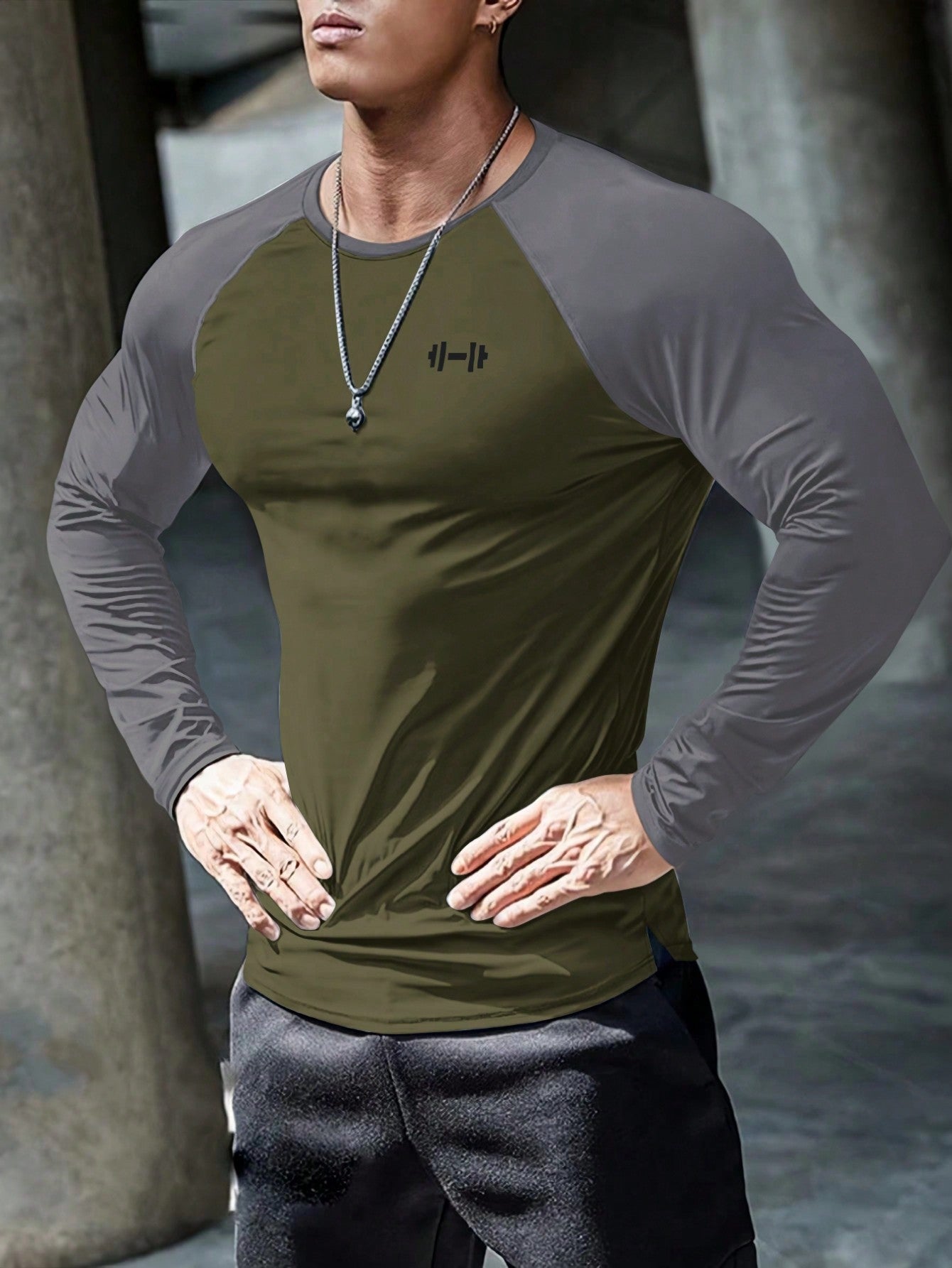 Manfinity Sport Corelite Boyfriend Style Men's Contrast Color Barbell Print Raglan Sleeve Casual Fitness Long Sleeve Shirt