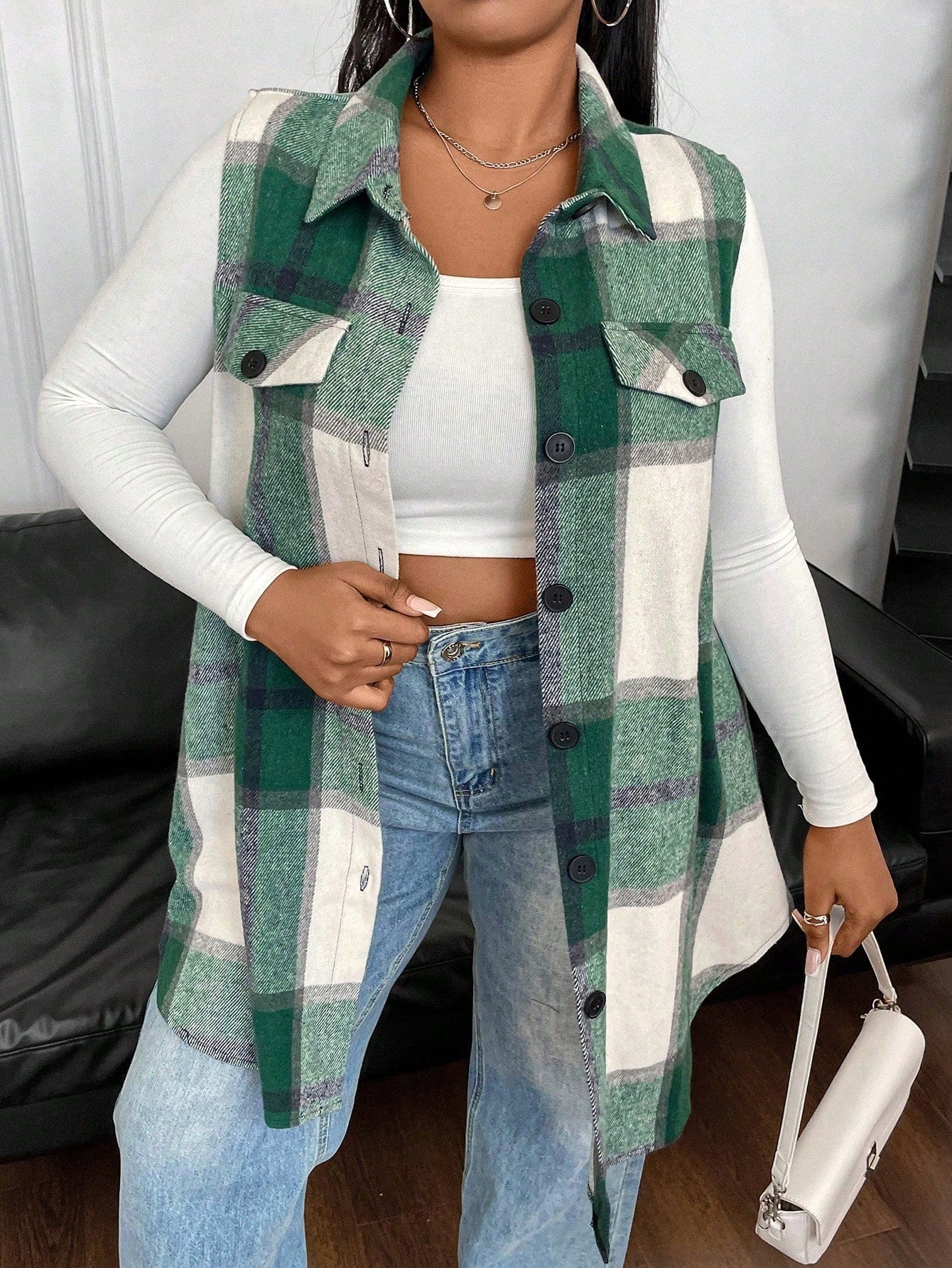 Plus Size Casual Plaid Sleeveless Jacket, Autumn, For Winter