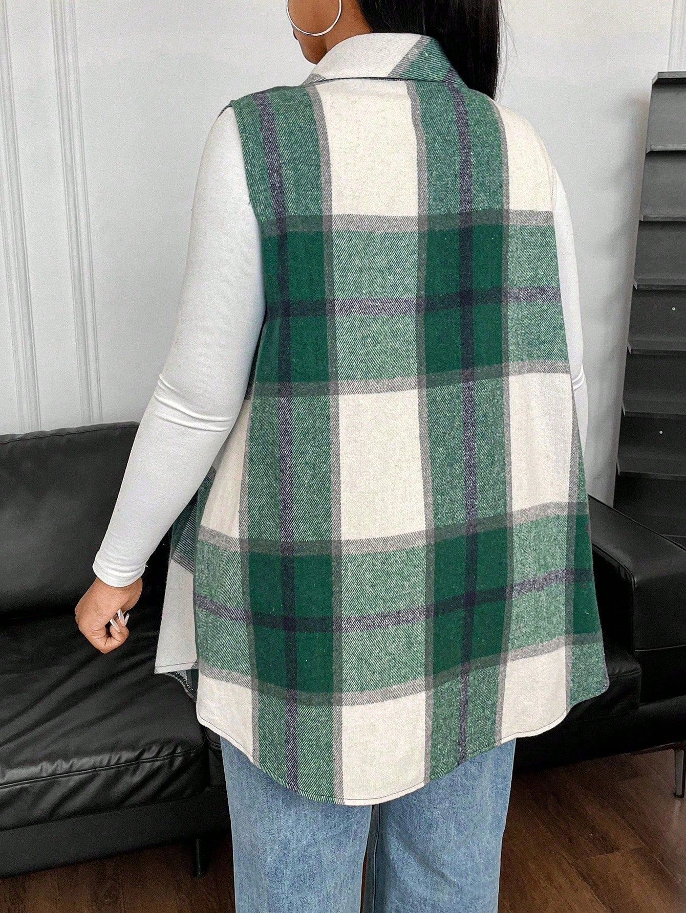 Plus Size Casual Plaid Sleeveless Jacket, Autumn, For Winter