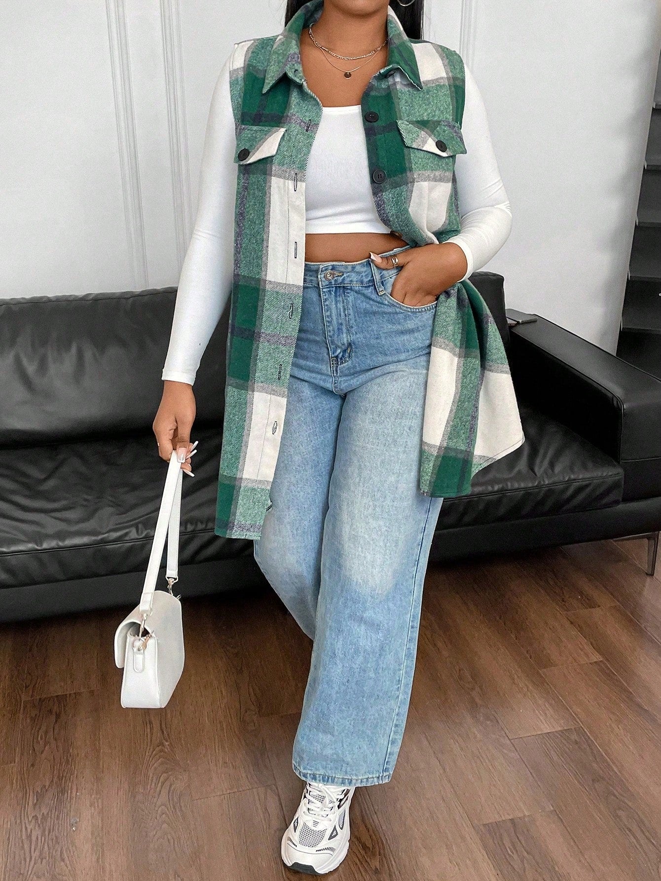 Plus Size Casual Plaid Sleeveless Jacket, Autumn, For Winter