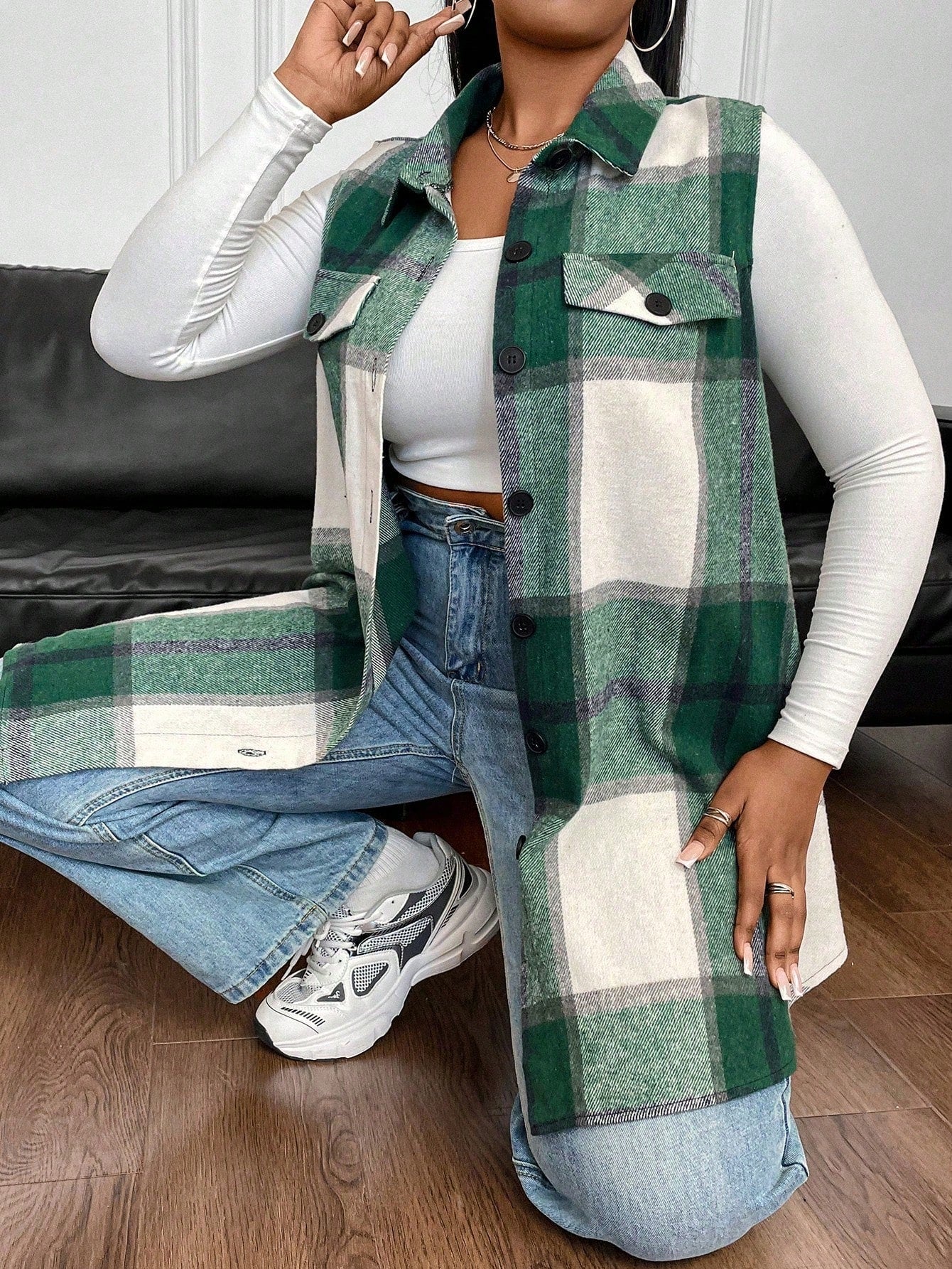 Plus Size Casual Plaid Sleeveless Jacket, Autumn, For Winter