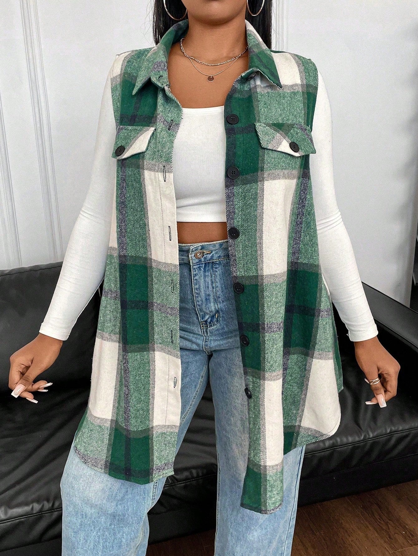 Plus Size Casual Plaid Sleeveless Jacket, Autumn, For Winter