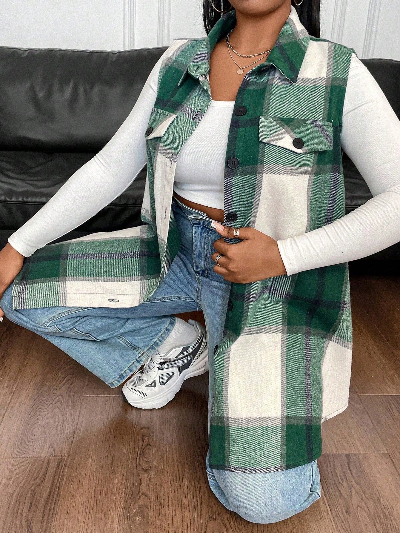 Plus Size Casual Plaid Sleeveless Jacket, Autumn, For Winter