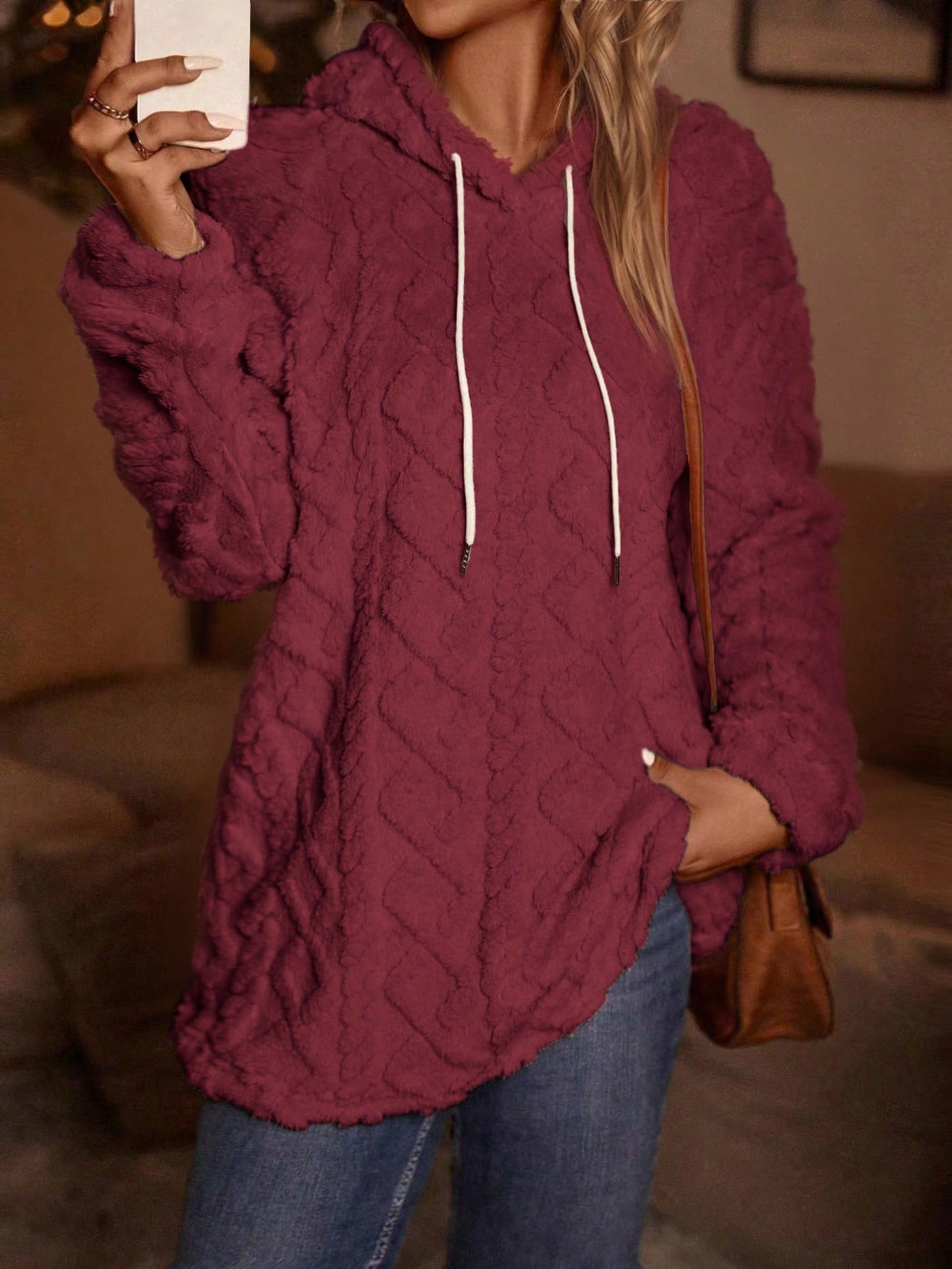 EMERY ROSE Casual Solid Color Fleece Drawstring Hoodie, Autumn/Winter For New Year Clothes