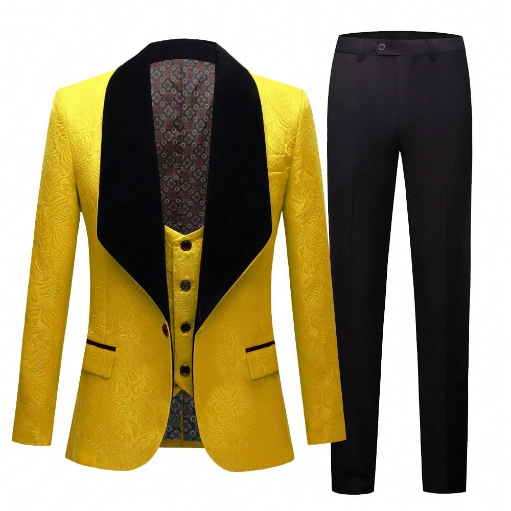 Suits For Men 3 Piece Regular Fit Set With Floral Pattern Blazer Jacket, Waistcoat And Pants For Wedding (Suit Jacket   Pants   Vest)