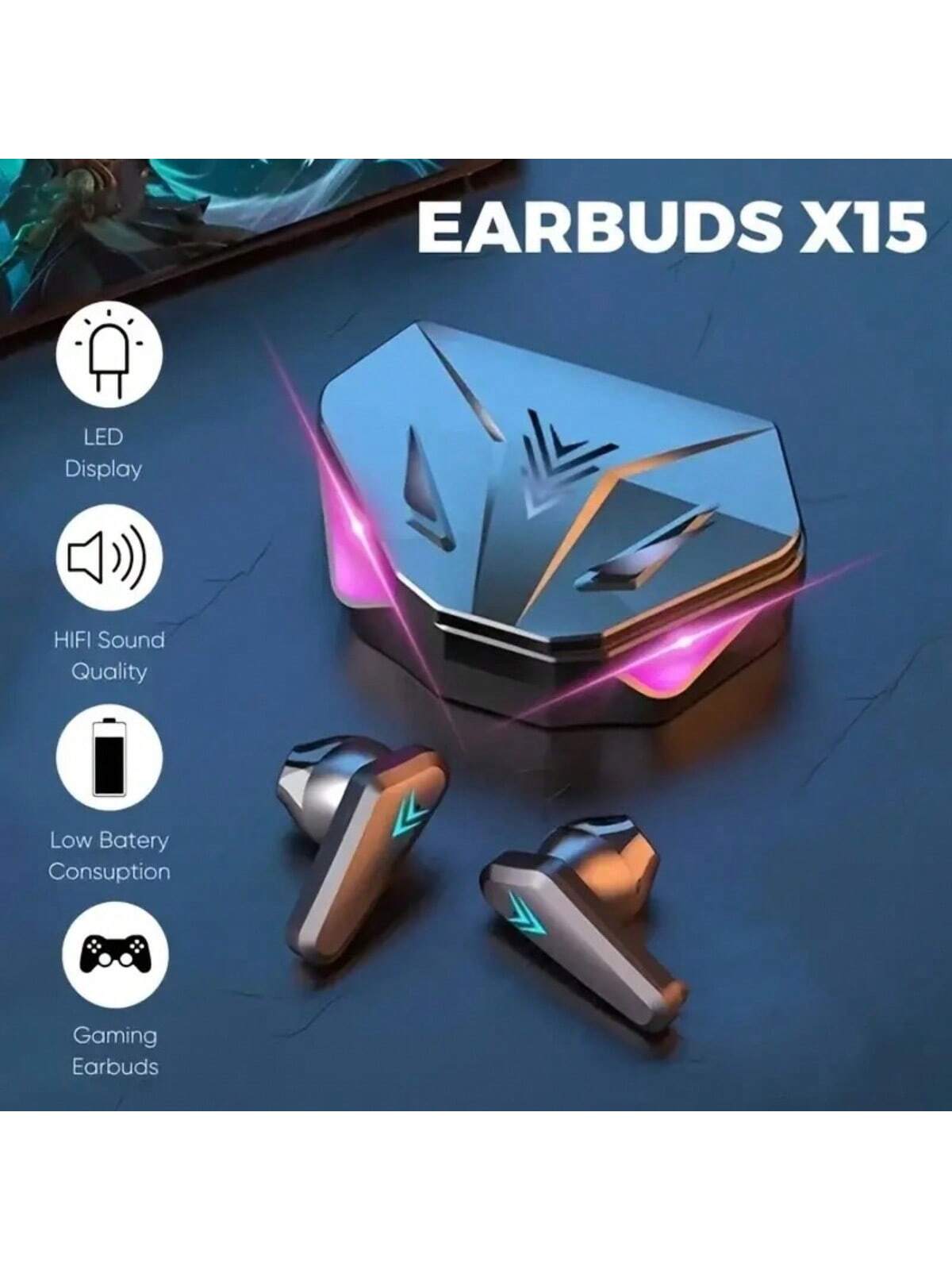 X15 Bluetooth Headset TWS LED Display Wireless Earbuds 5.3, Wireless Gaming Headset With Mic, Semi-Open-Back Earphones, Low Latency, Noise Cancellation, Media Controls, Compatible With Cellphones, Rechargeable Lithium-Polymer Battery