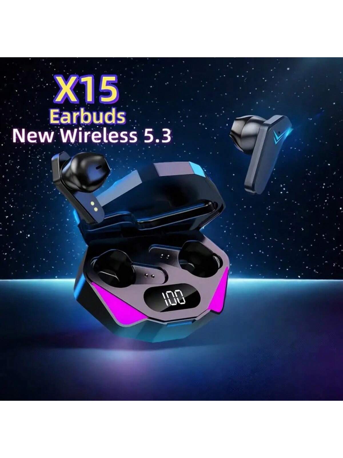 X15 Bluetooth Headset TWS LED Display Wireless Earbuds 5.3, Wireless Gaming Headset With Mic, Semi-Open-Back Earphones, Low Latency, Noise Cancellation, Media Controls, Compatible With Cellphones, Rechargeable Lithium-Polymer Battery