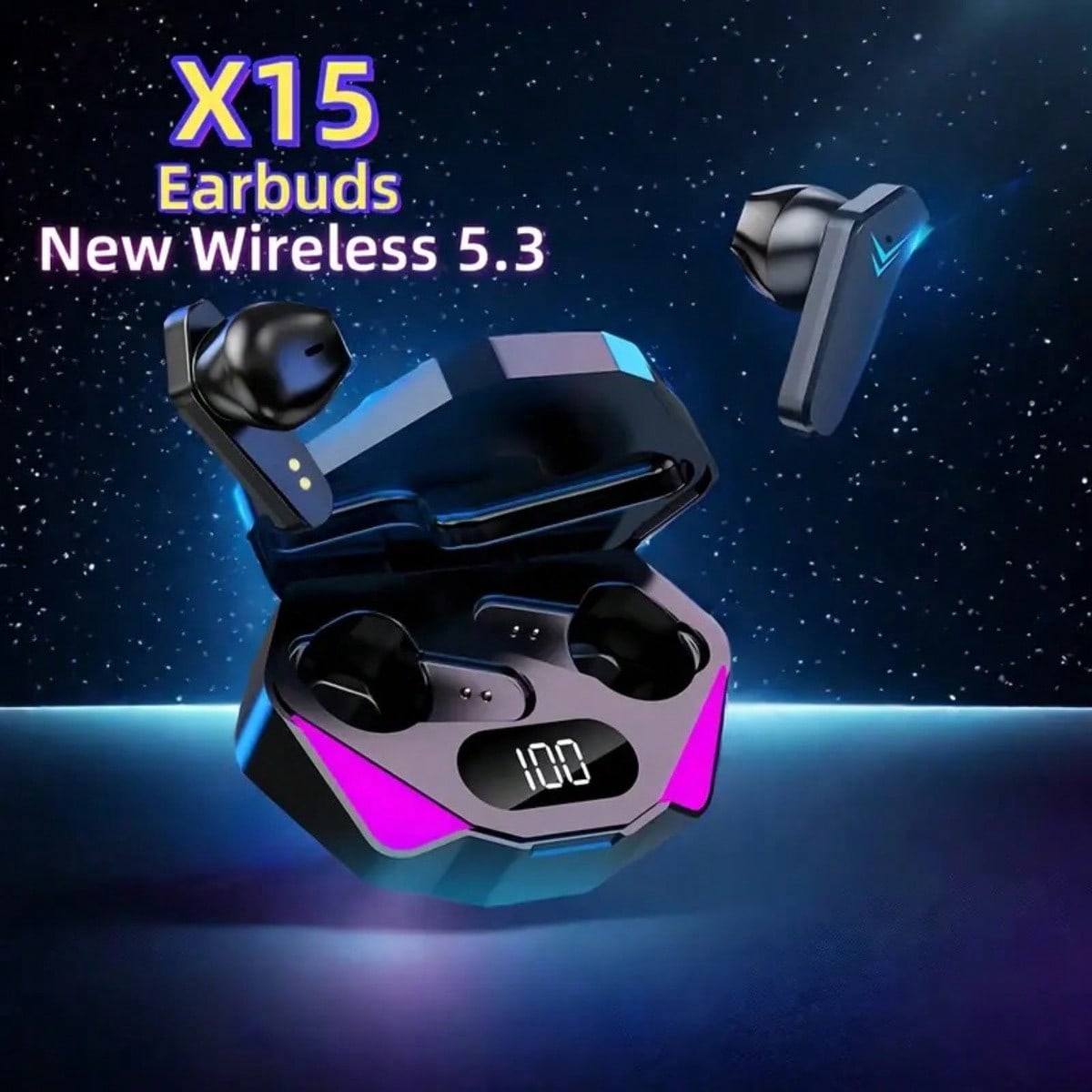 X15 Bluetooth Headset TWS LED Display Wireless Earbuds 5.3, Wireless Gaming Headset With Mic, Semi-Open-Back Earphones, Low Latency, Noise Cancellation, Media Controls, Compatible With Cellphones, Rechargeable Lithium-Polymer Battery