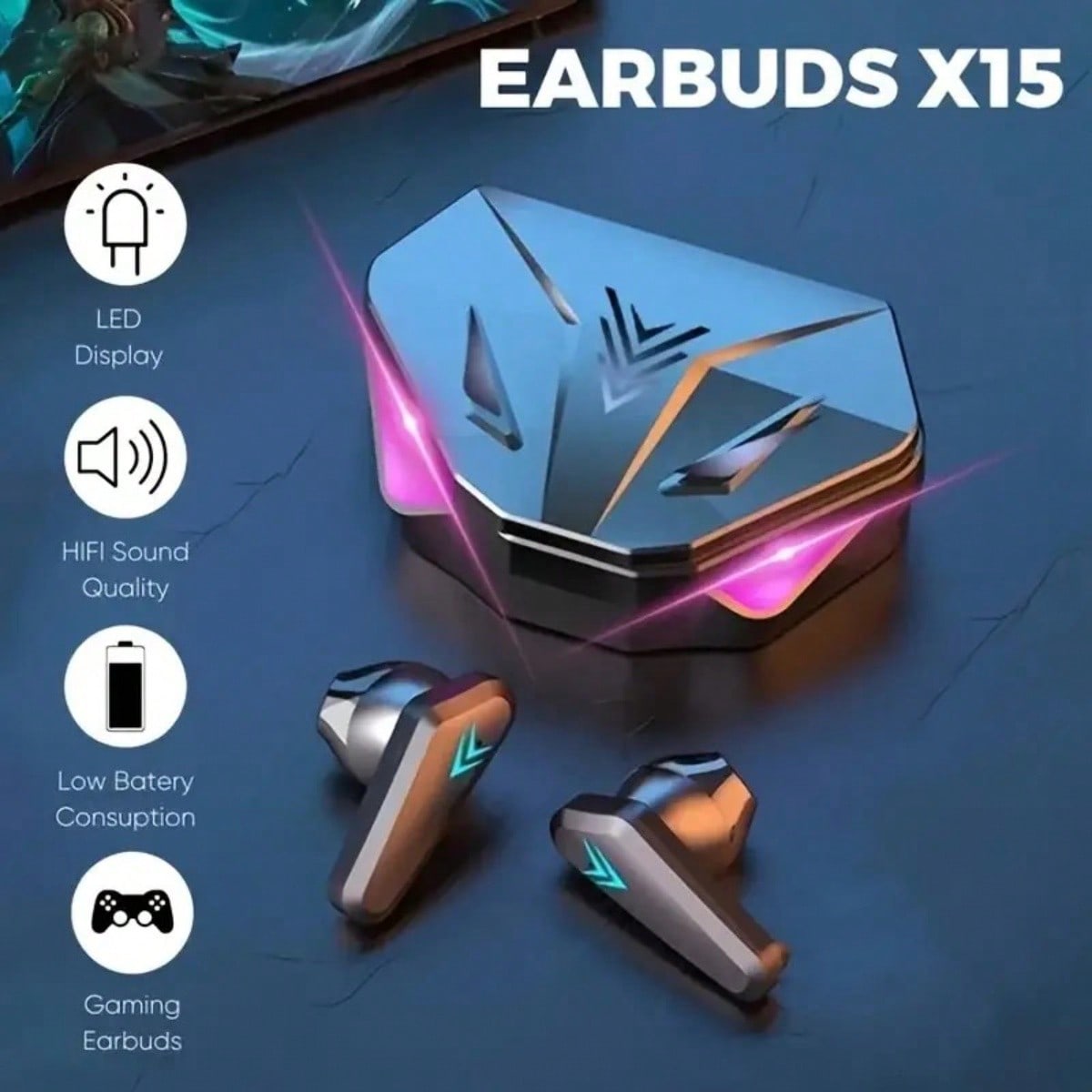 X15 Bluetooth Headset TWS LED Display Wireless Earbuds 5.3, Wireless Gaming Headset With Mic, Semi-Open-Back Earphones, Low Latency, Noise Cancellation, Media Controls, Compatible With Cellphones, Rechargeable Lithium-Polymer Battery