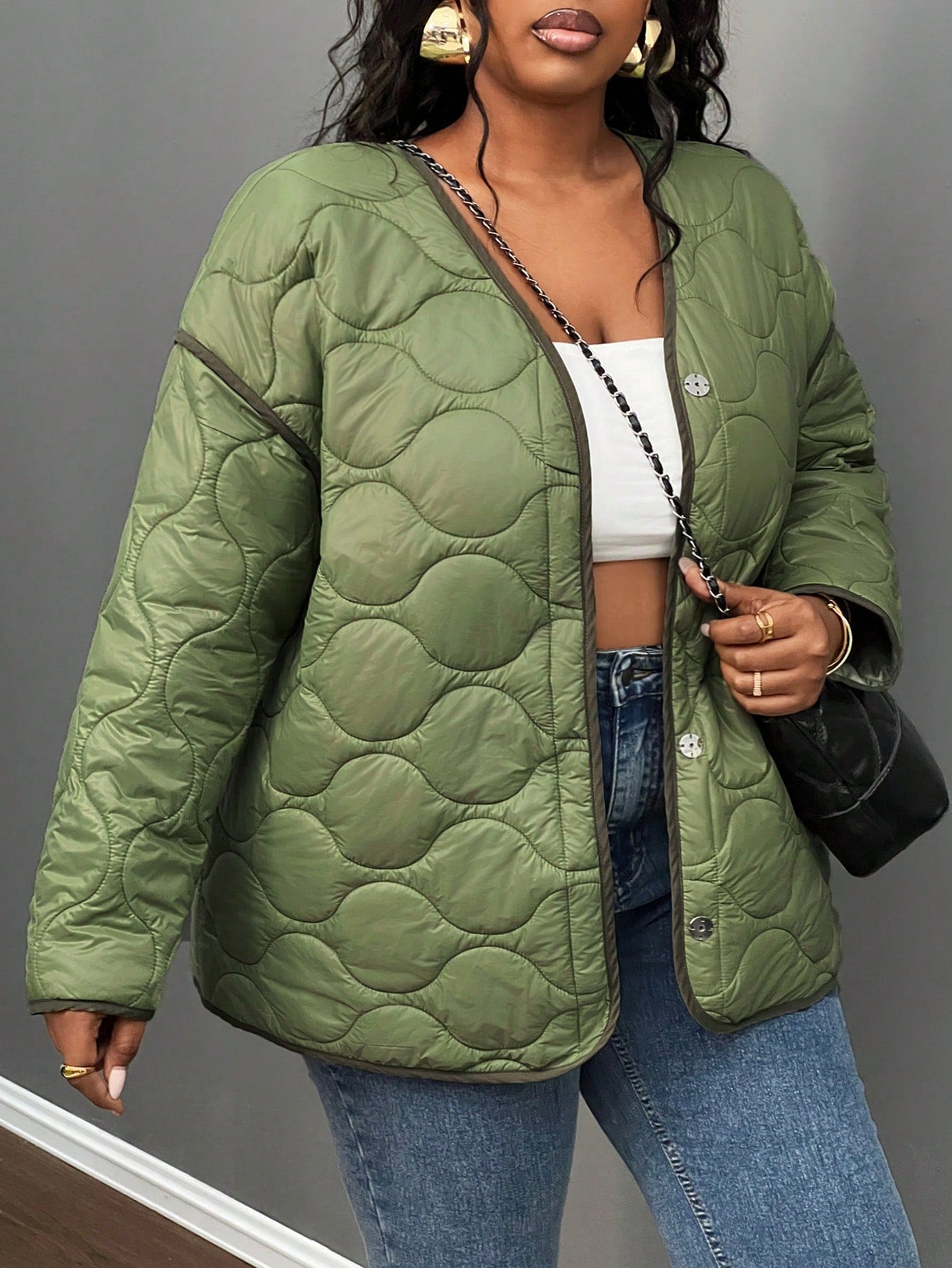 Slayr Plus Size Women's Button Front Quilted Casual Jacket For Daily Wear, Winter