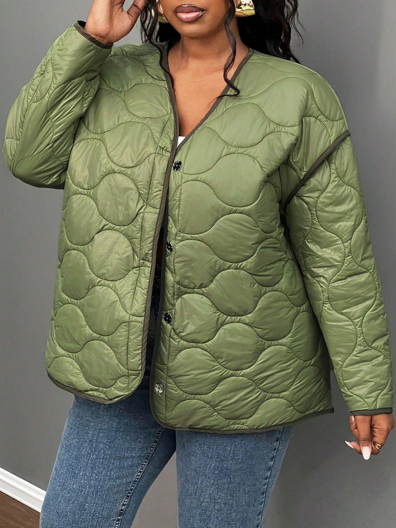 Slayr Plus Size Women's Button Front Quilted Casual Jacket For Daily Wear, Winter