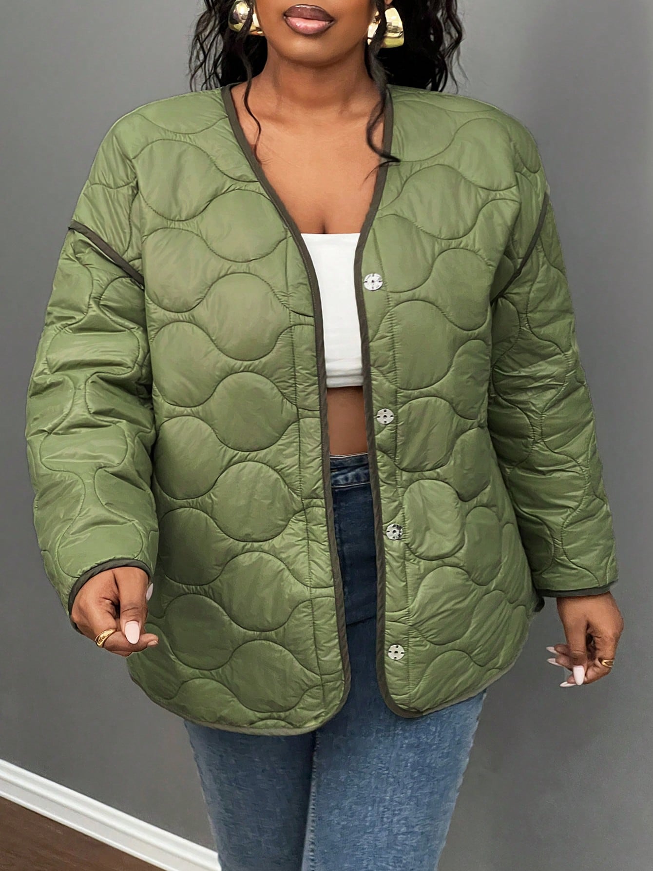 Slayr Plus Size Women's Button Front Quilted Casual Jacket For Daily Wear, Winter