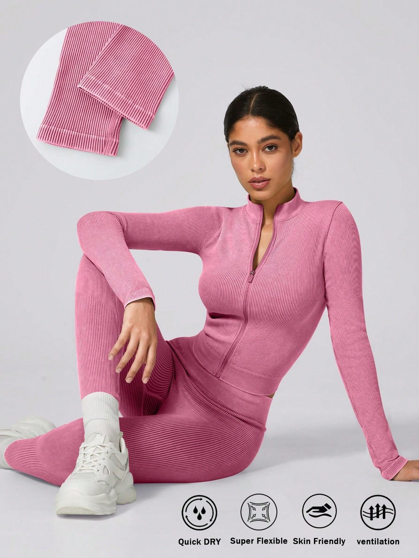 1 Set Women Winter Long Active Wear, Ribbed Zipper Base Layer Sportswear Set - Jacket And Stretchy Butt-Lifting Sweatpants