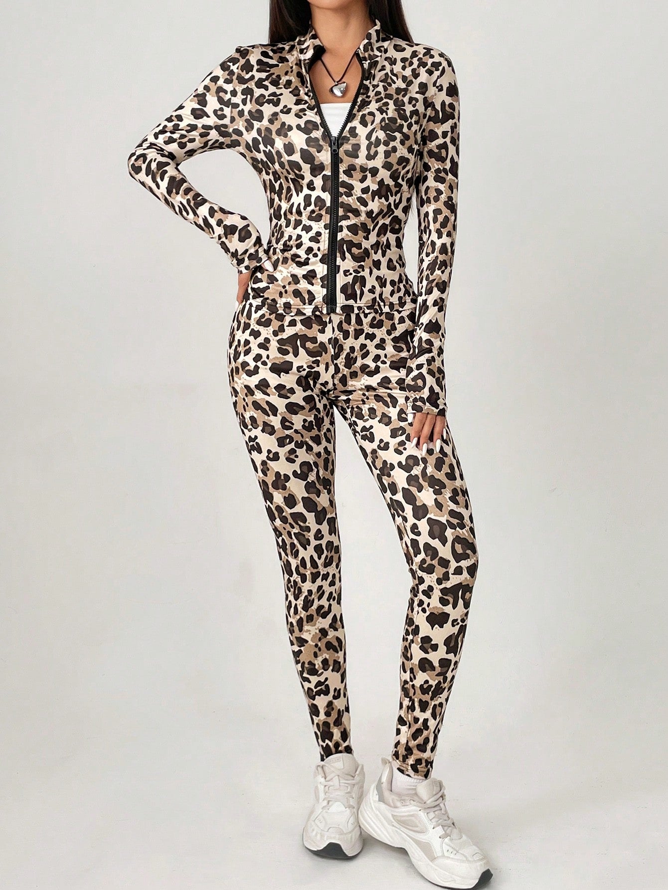 PETITE Leopard Print Two-Piece Tracksuit Zip-Up Jacket And Leggings