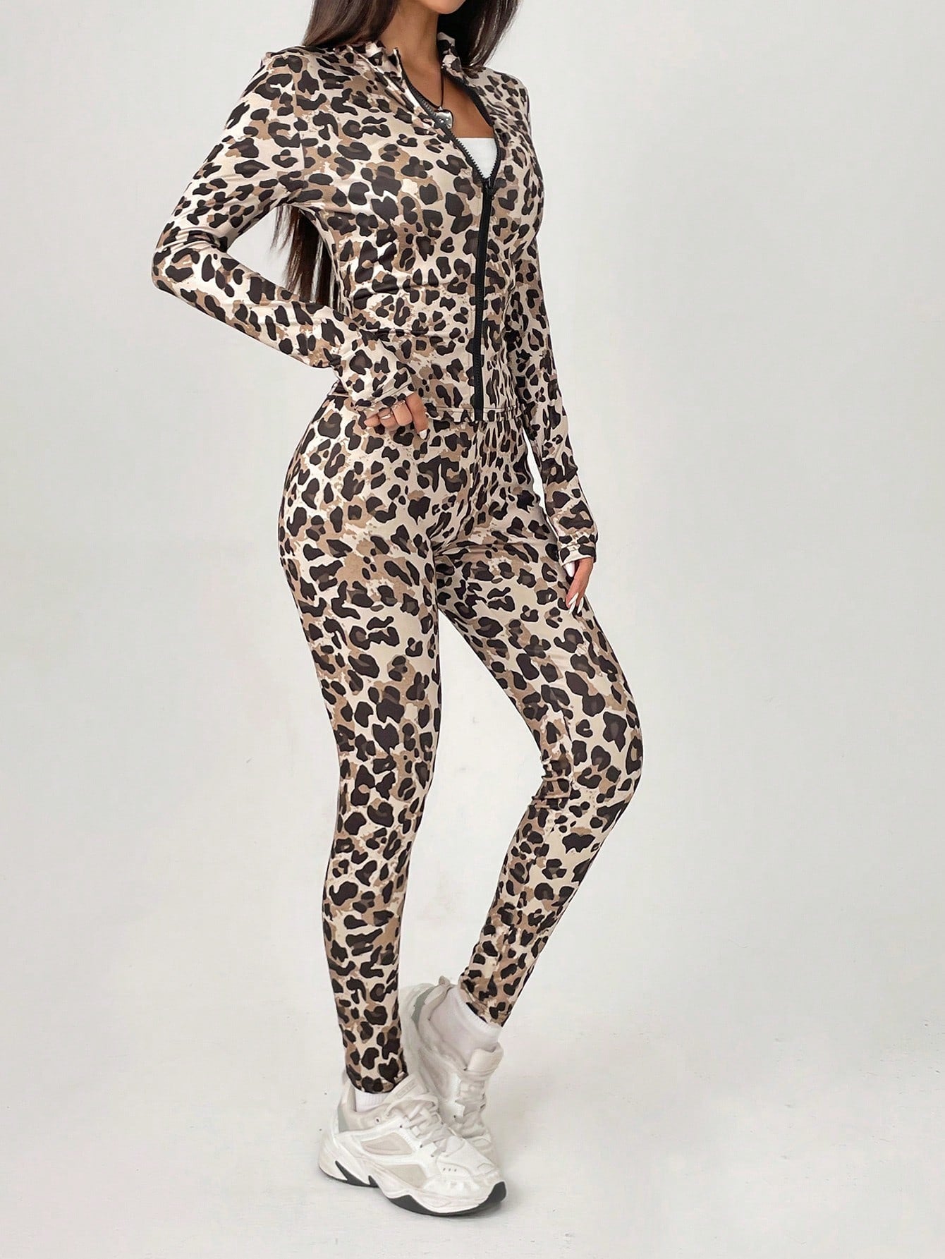 PETITE Leopard Print Two-Piece Tracksuit Zip-Up Jacket And Leggings