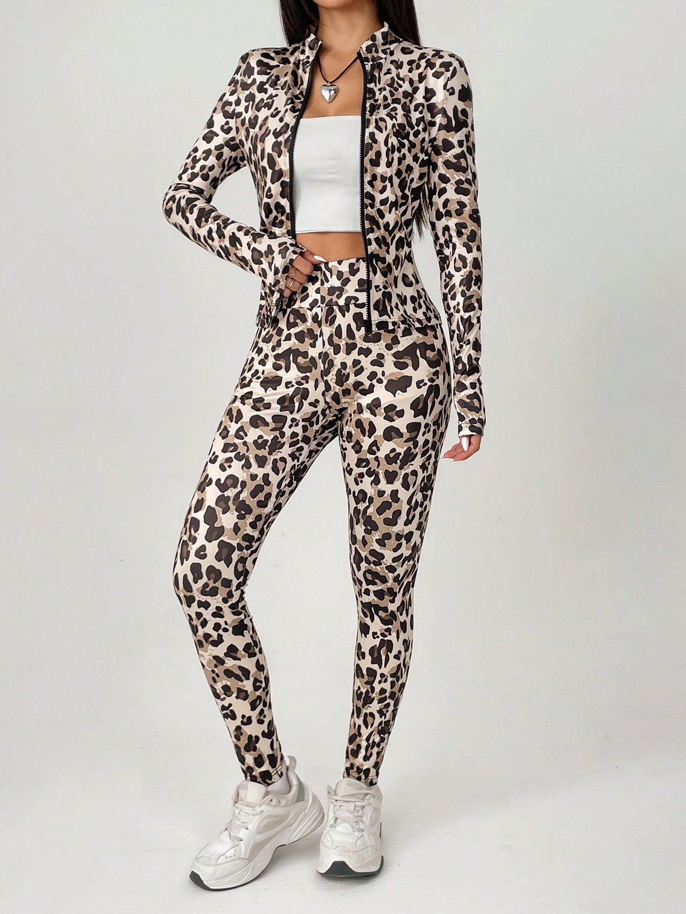 PETITE Leopard Print Two-Piece Tracksuit Zip-Up Jacket And Leggings