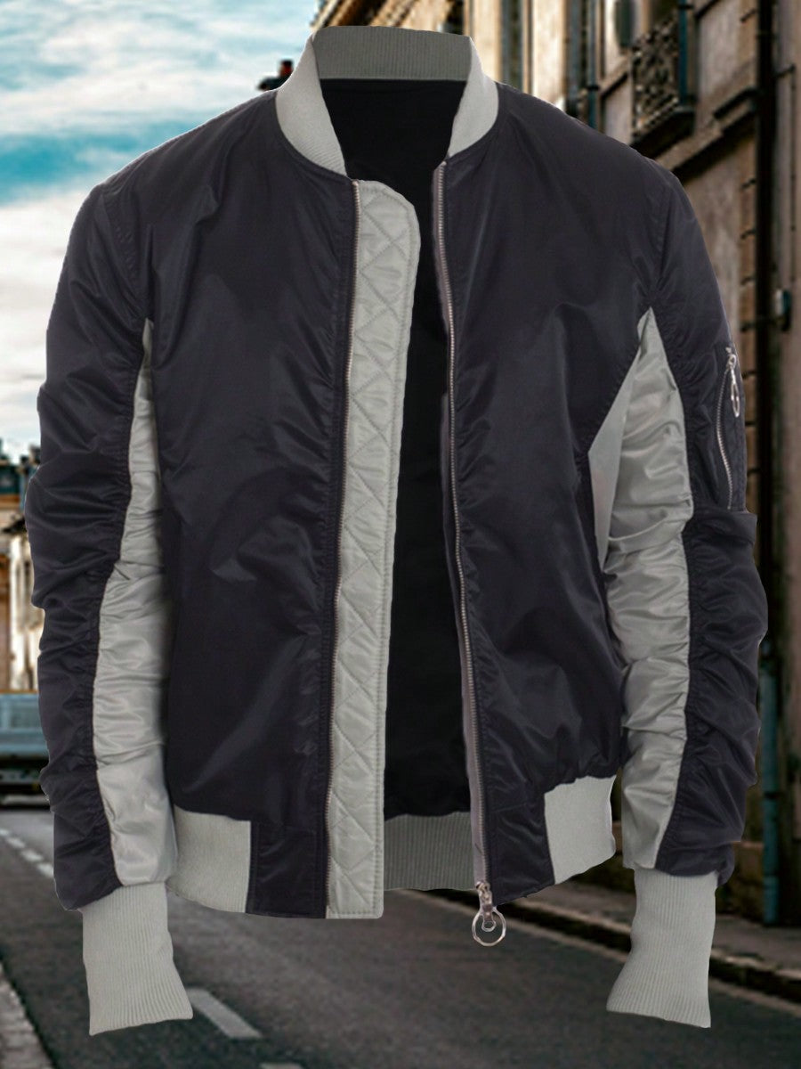 Men Zip Up Two Tone  Scrunch Velour Bomber Jacket Streetwear Windbreaker