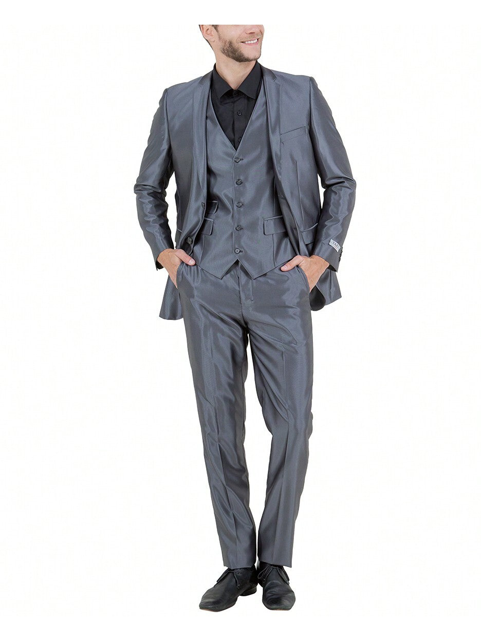 Mens Slim Fit Three Piece Shiny Sharkskin Solid Notch Lapel Suit