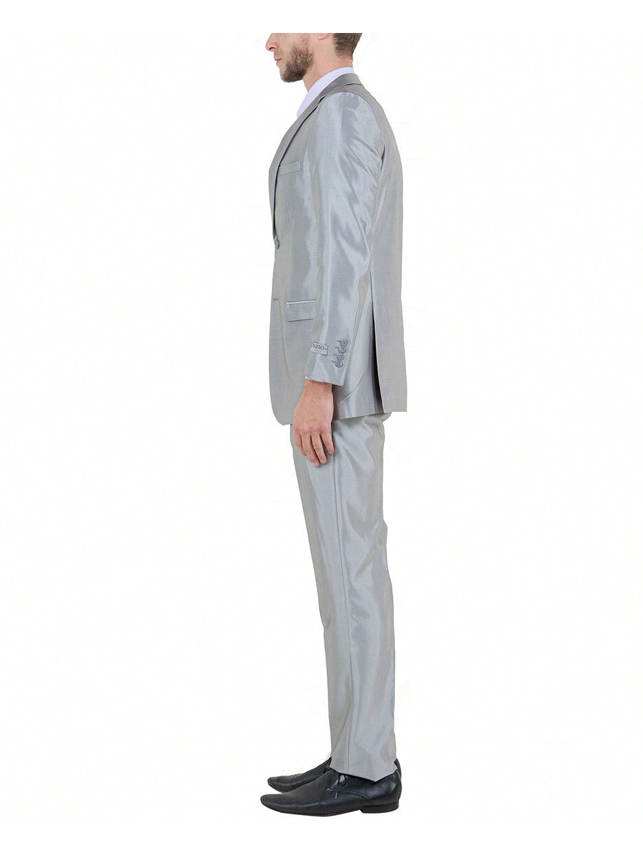 Mens Slim Fit Three Piece Shiny Sharkskin Solid Notch Lapel Suit