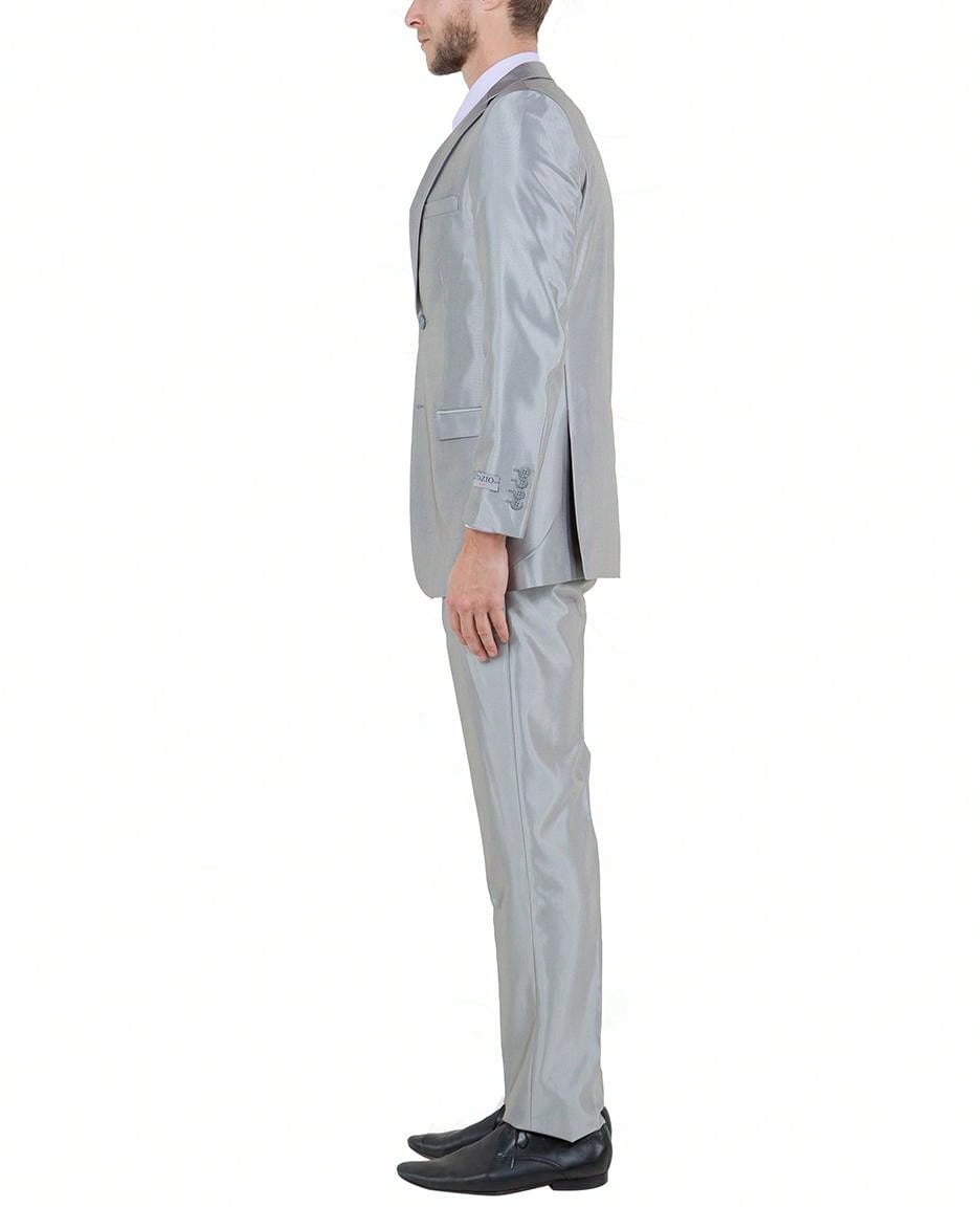 Mens Slim Fit Three Piece Shiny Sharkskin Solid Notch Lapel Suit