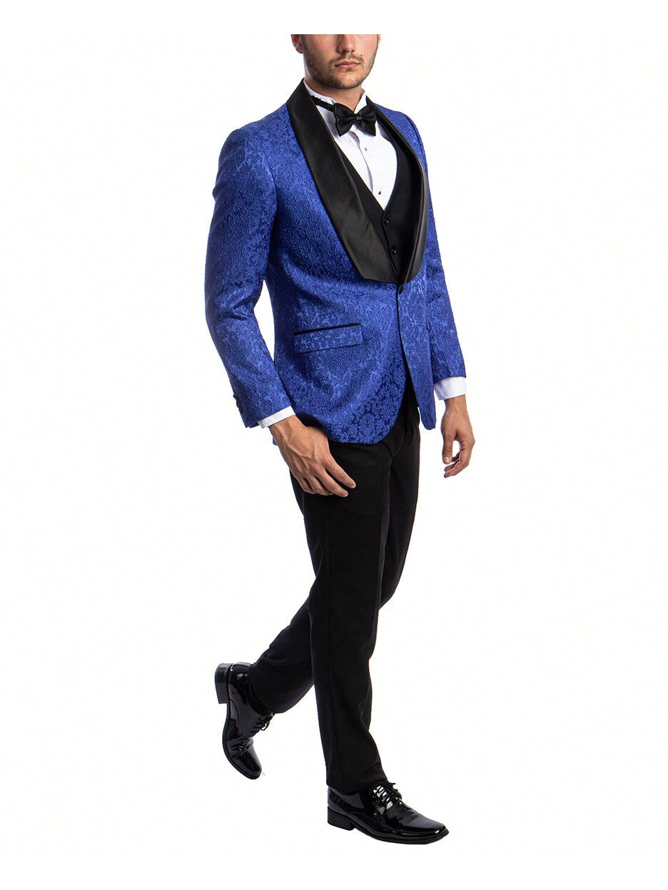 Mens Tuxedo Three Piece Hybrid Fit Paisley Blazer Big Satin Shawl Collar Tuxedo With Solid Matching Vest