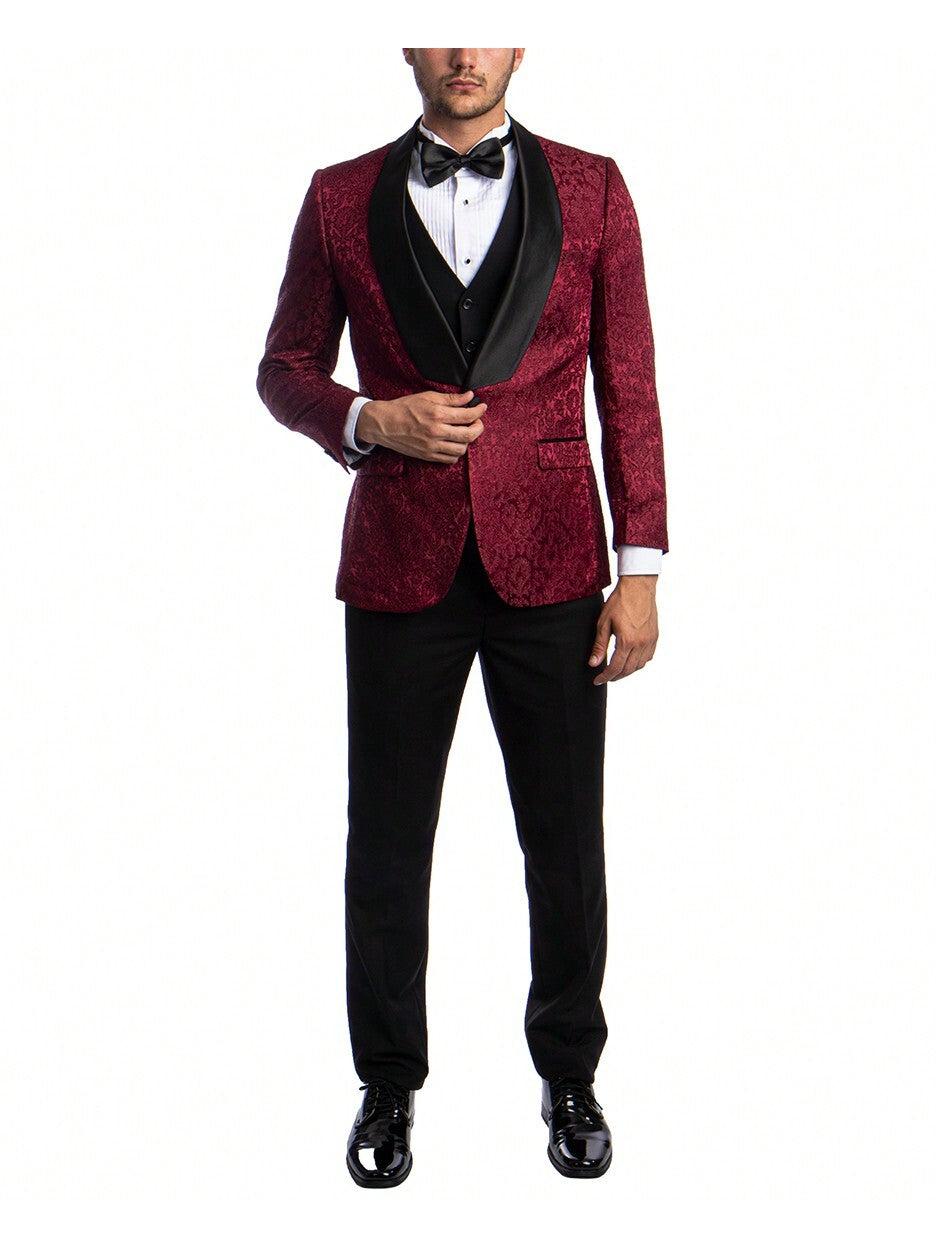 Mens Tuxedo Three Piece Hybrid Fit Paisley Blazer Big Satin Shawl Collar Tuxedo With Solid Matching Vest