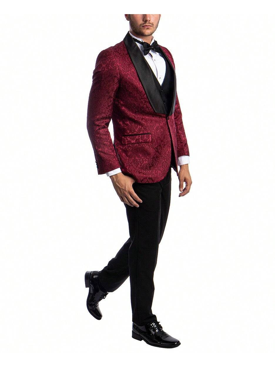 Mens Tuxedo Three Piece Hybrid Fit Paisley Blazer Big Satin Shawl Collar Tuxedo With Solid Matching Vest