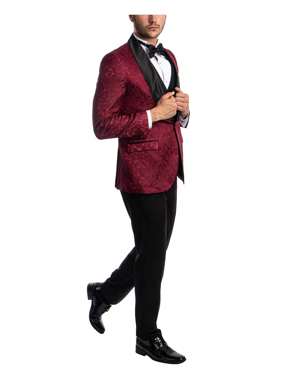 Mens Tuxedo Three Piece Hybrid Fit Paisley Blazer Big Satin Shawl Collar Tuxedo With Solid Matching Vest