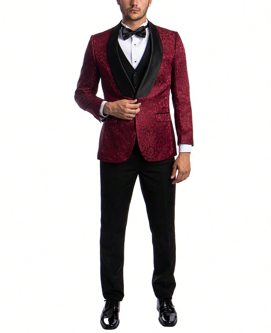 Mens Tuxedo Three Piece Hybrid Fit Paisley Blazer Big Satin Shawl Collar Tuxedo With Solid Matching Vest