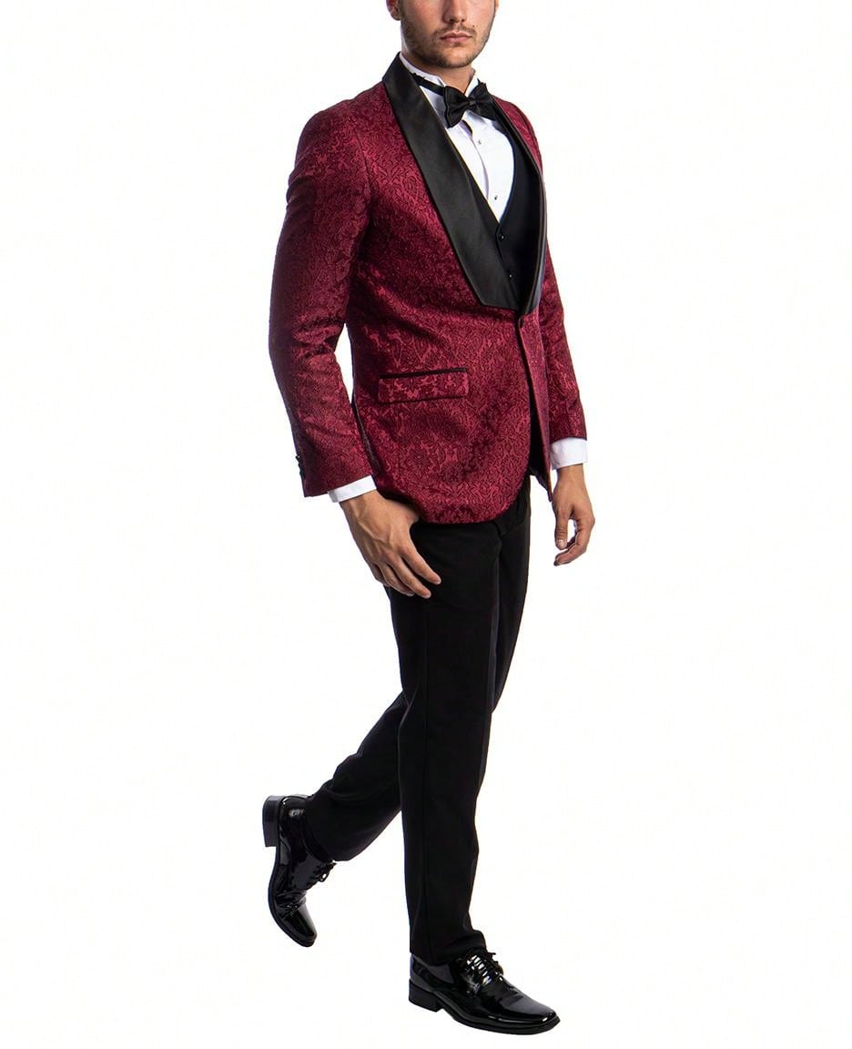 Mens Tuxedo Three Piece Hybrid Fit Paisley Blazer Big Satin Shawl Collar Tuxedo With Solid Matching Vest