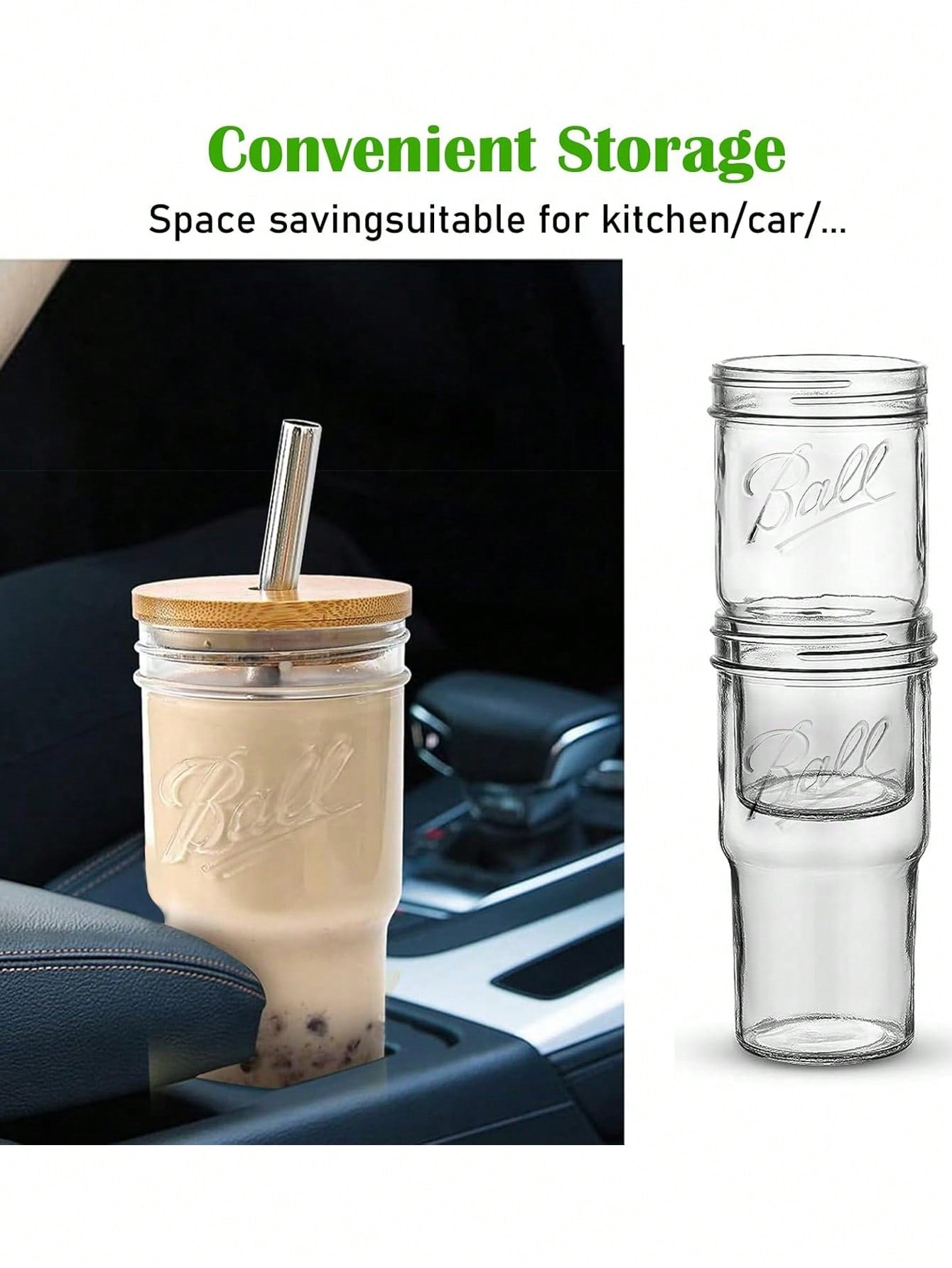 1pc Car Straw Milk Tea Cup, With A Wooden Lid Glass, Cold Drink Drink Glass Juice Bottle