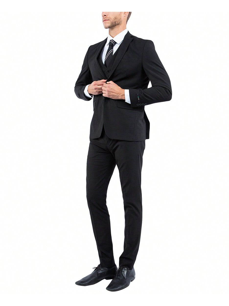 Mens Slim Fit Three Piece Solid Notch Lapel 4-Way Stretch Suit