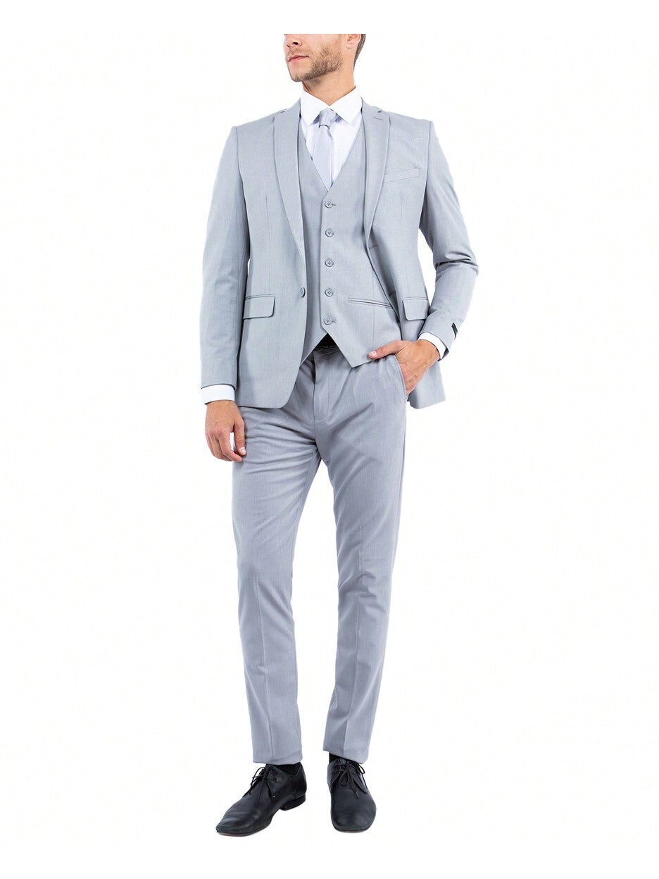 Mens Slim Fit Three Piece Solid Notch Lapel 4-Way Stretch Suit