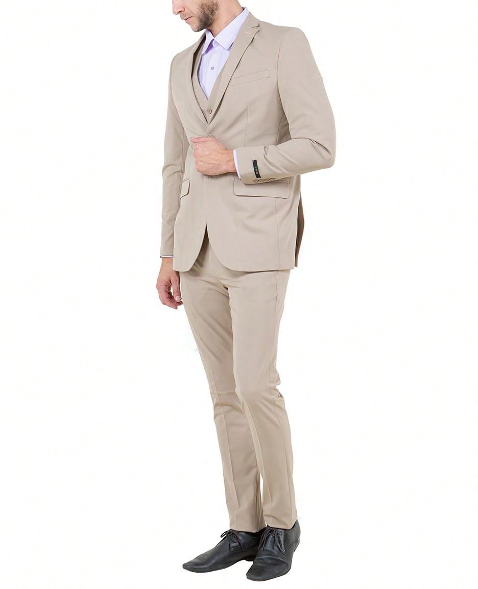 Mens Slim Fit Three Piece Solid Notch Lapel 4-Way Stretch Suit