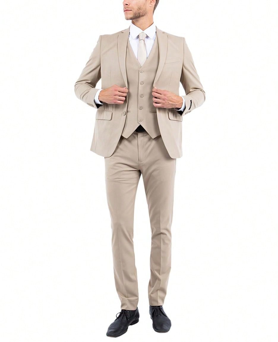 Mens Slim Fit Three Piece Solid Notch Lapel 4-Way Stretch Suit