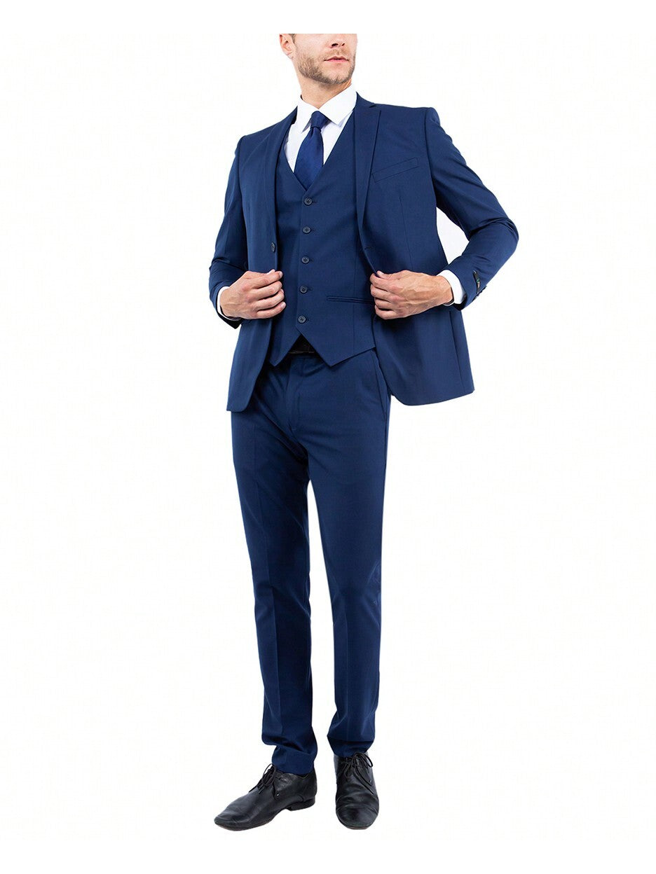 Mens Slim Fit Three Piece Solid Notch Lapel 4-Way Stretch Suit