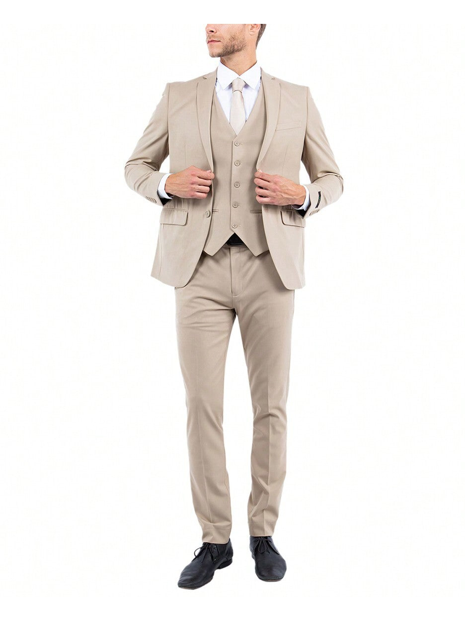 Mens Slim Fit Three Piece Solid Notch Lapel 4-Way Stretch Suit