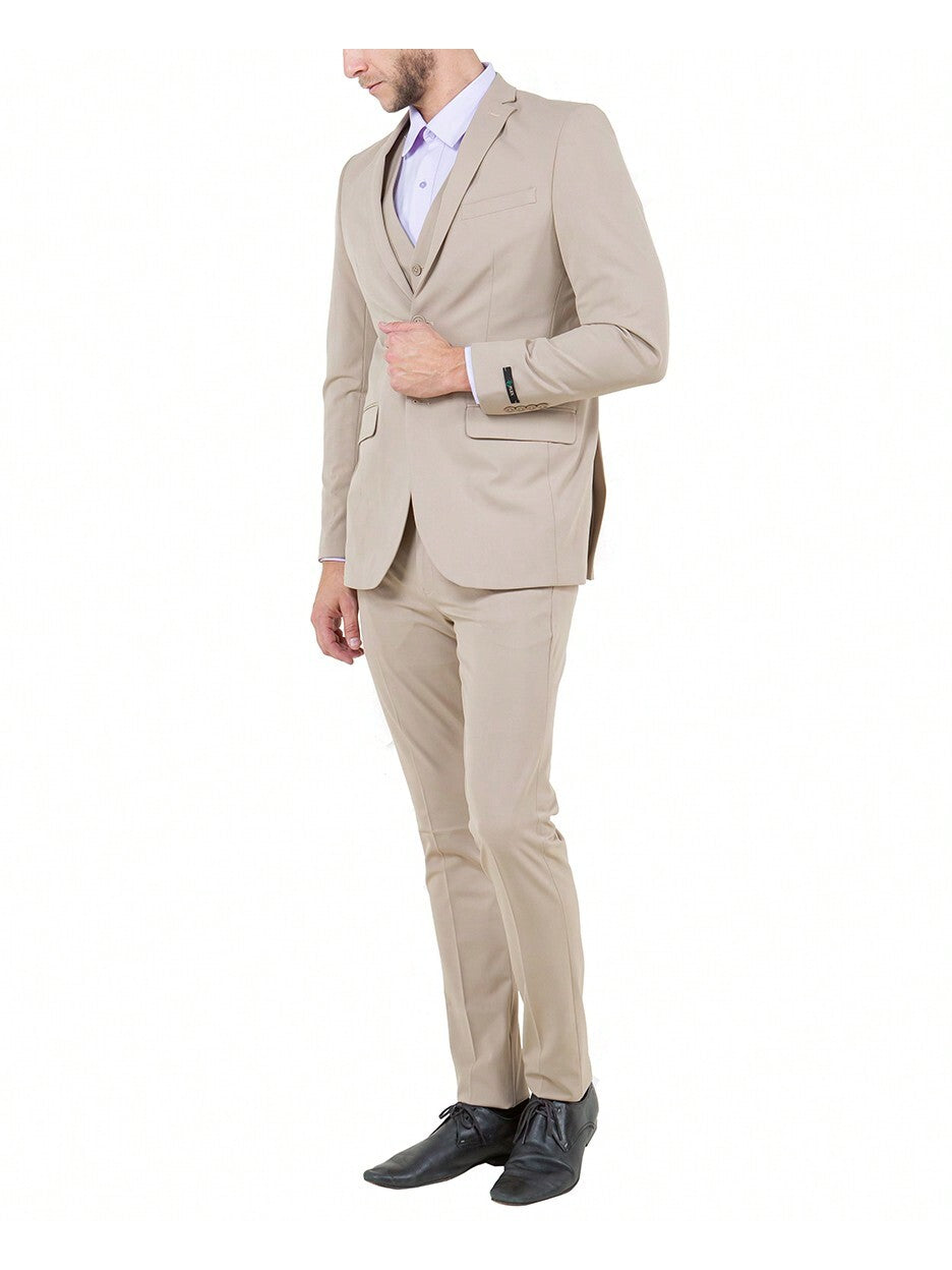 Mens Slim Fit Three Piece Solid Notch Lapel 4-Way Stretch Suit