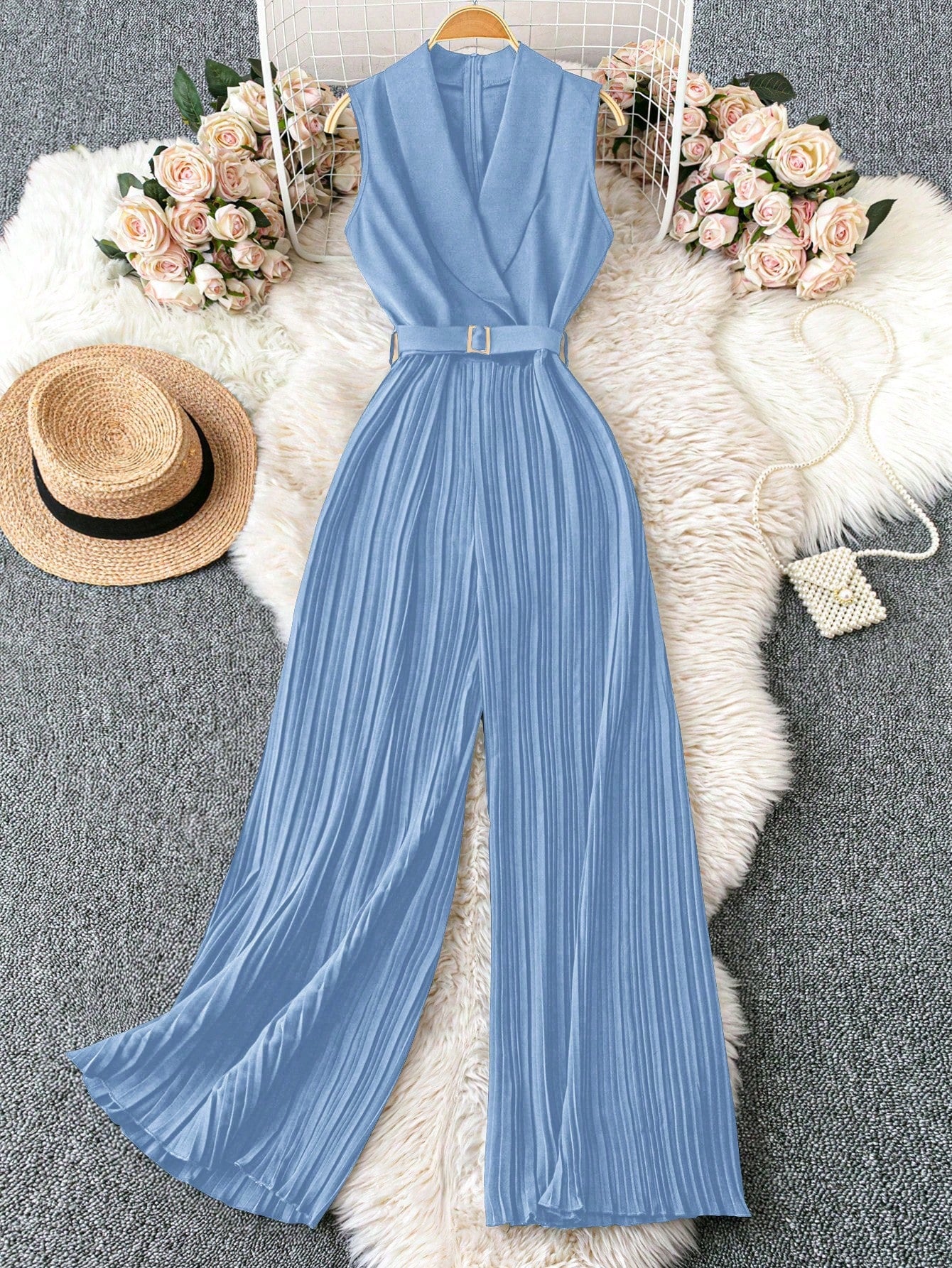 ChicEase Sleeveless Shawl Collared Waist Belt Pleated Jumpsuit