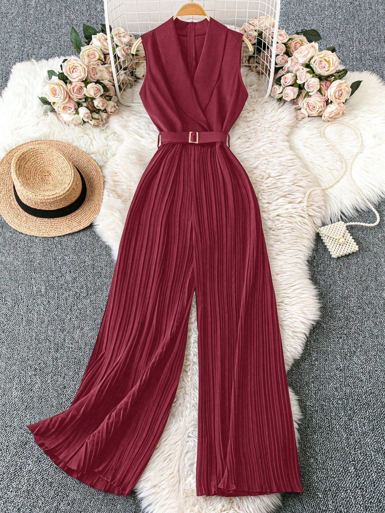 ChicEase Sleeveless Shawl Collared Waist Belt Pleated Jumpsuit