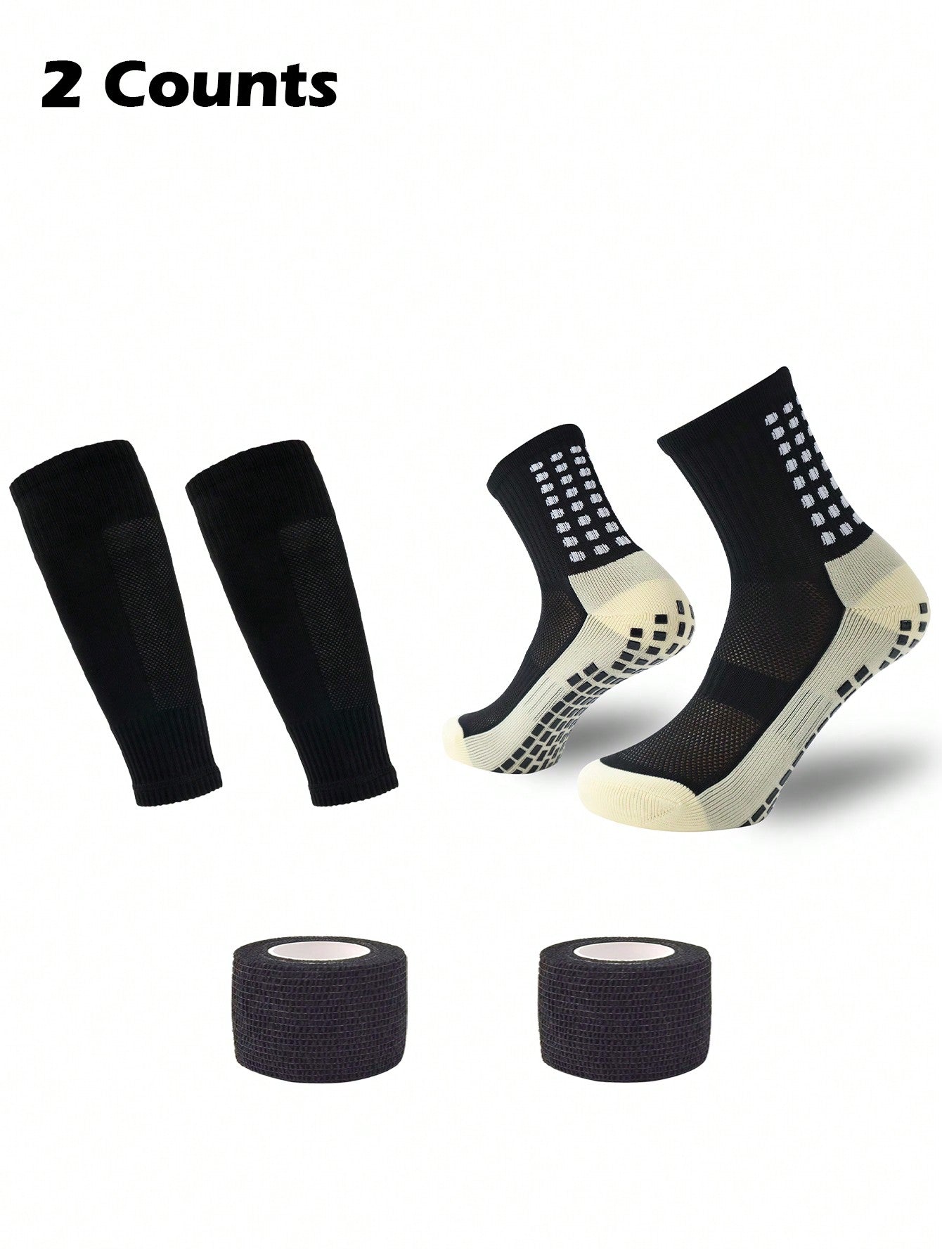 2 Pairs Mens Grip Soccer Socks And 2 Pairs Shin Sleeves With 2 Packs Sport Tape, Soccer Game Set 6 Pcs.