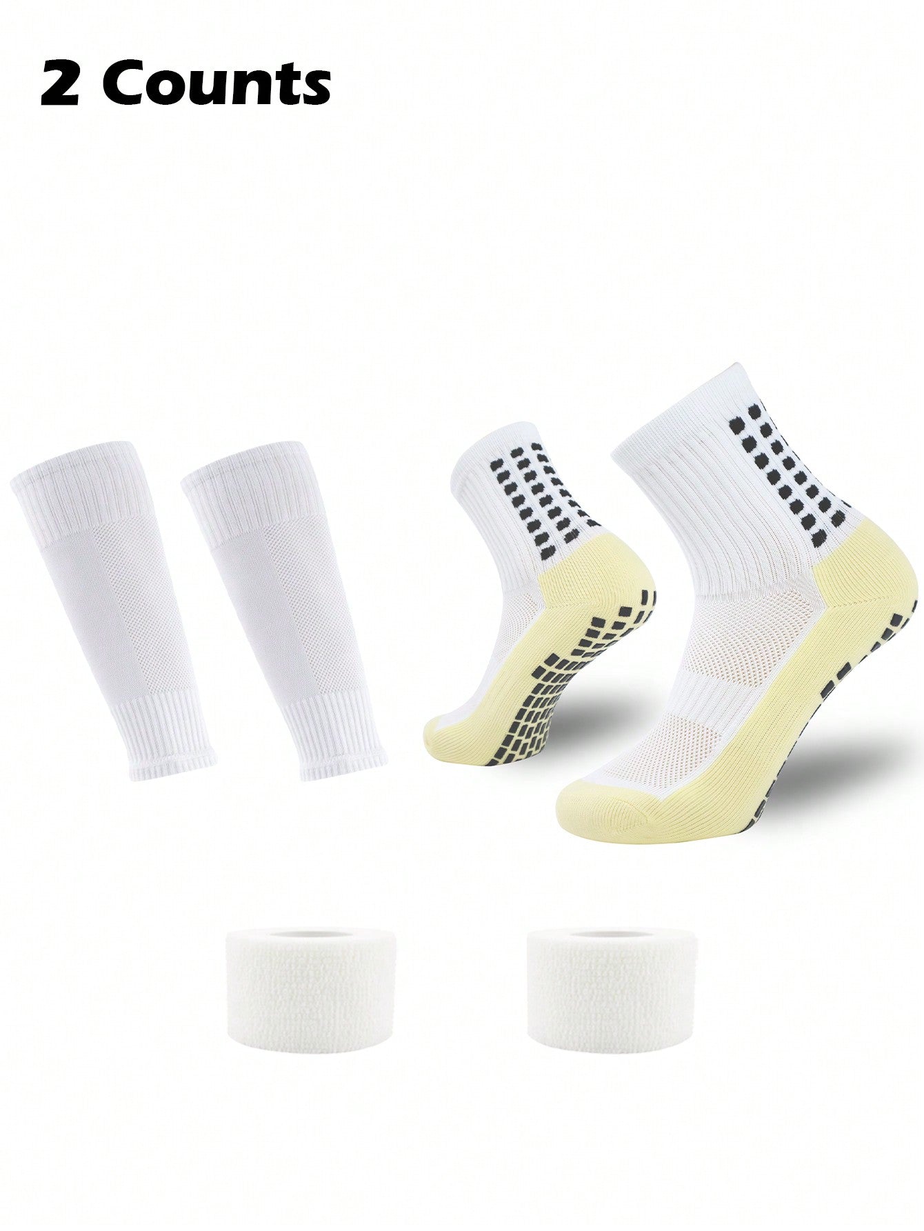 2 Pairs Mens Grip Soccer Socks And 2 Pairs Shin Sleeves With 2 Packs Sport Tape, Soccer Game Set 6 Pcs.